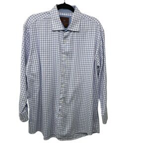 Tattersall London Men Plaid Blue White Check Cotton Button Down Shirt 17.5 32/33